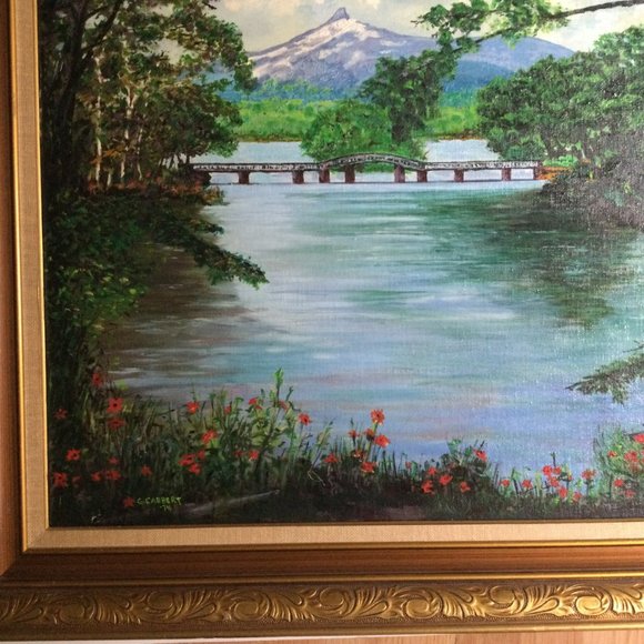 Original art painting landscape mountain bridge river flowers framed signed - Picture 7 of 8